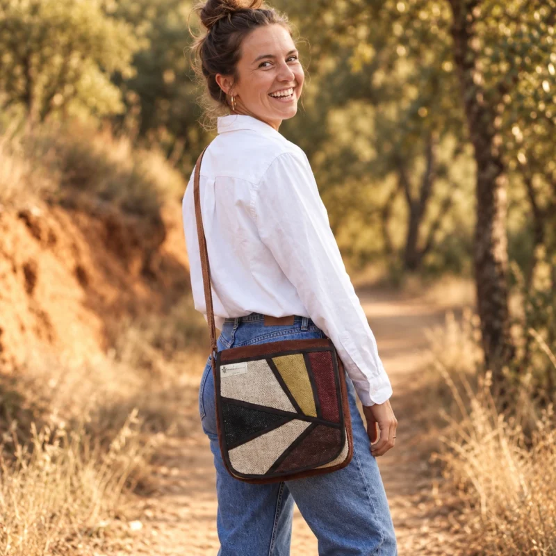 Unisex brown hemp crossbody bag worn over the shoulder