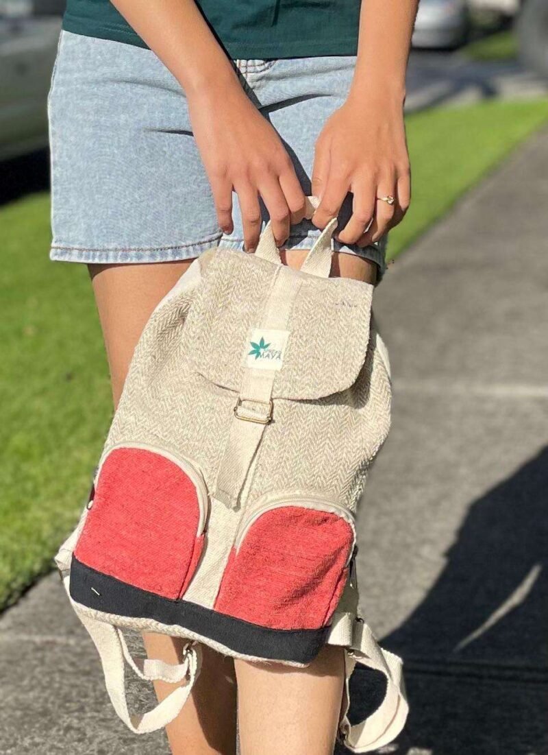 coral breeze beige mini hemp backpack with red pocket