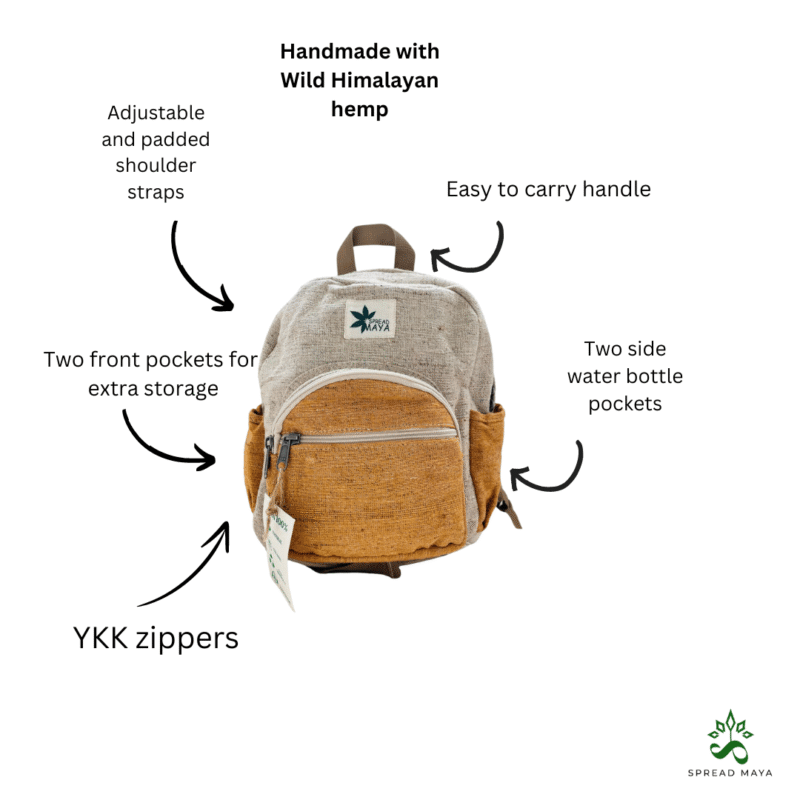 Orange sunny trail mini backpack with description