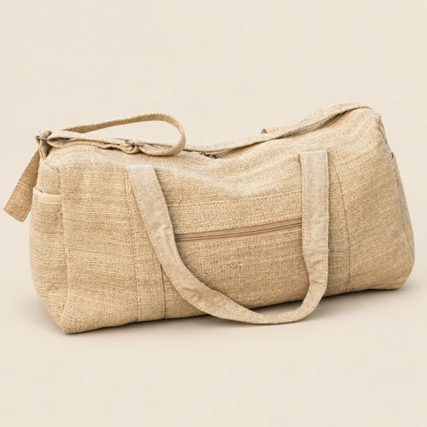 Natural hemp duffle bag with carry handles and a front zip pocket