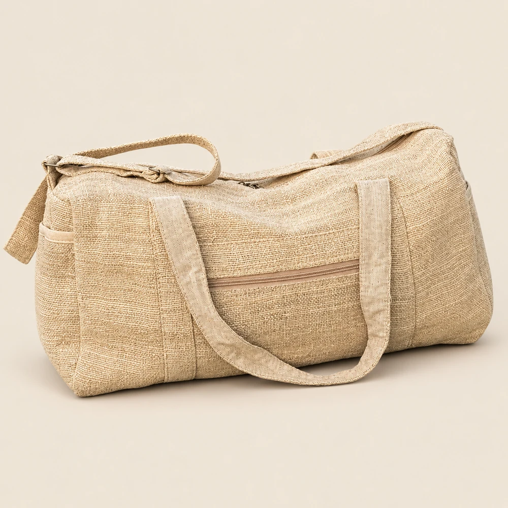 Natural hemp duffle bag with carry handles and a front zip pocket