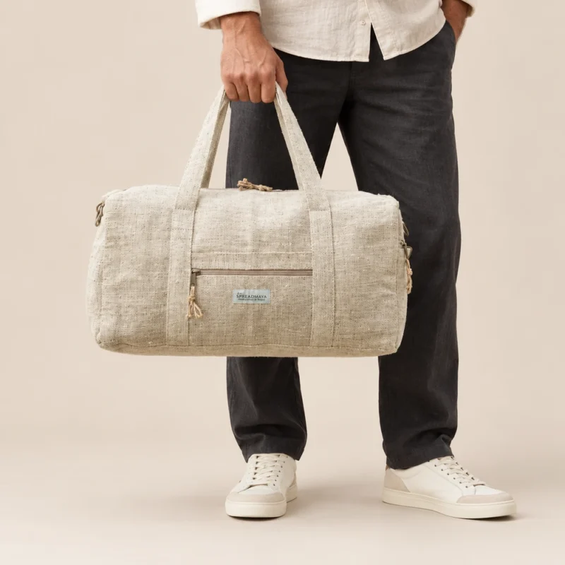 man holding a natural hemp duffle bag by its carry handles