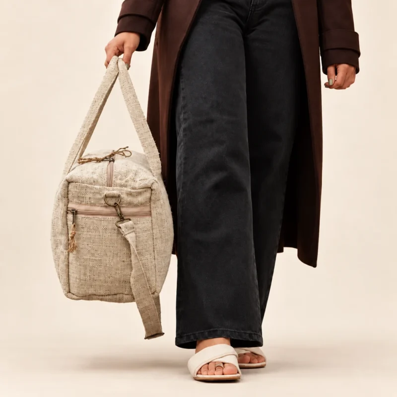 woman carrying a natural hemp duffle bag with a detachable shoulder strap