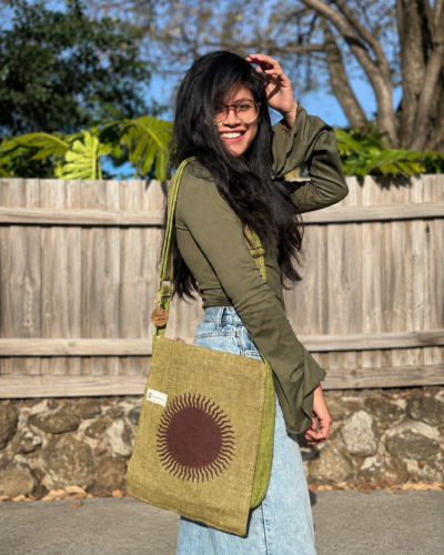 sun print hemp side bag green