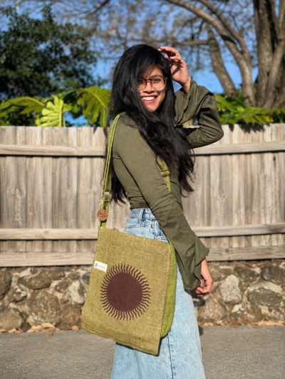 sun print hemp side bag green
