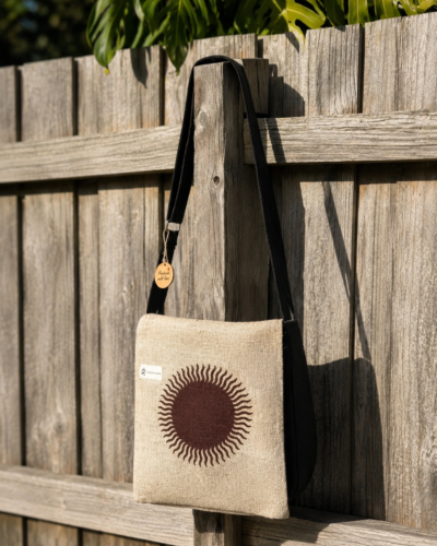 sun print hemp side bag hang