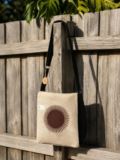 sun print hemp side bag hang