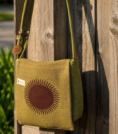 Green Hemp Side bag with Sun Print: Large