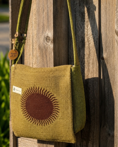 Green Hemp Side bag with Sun Print: Large