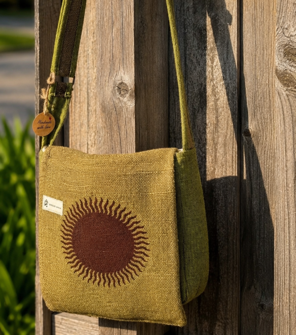 Green Hemp Side bag with Sun Print: Large