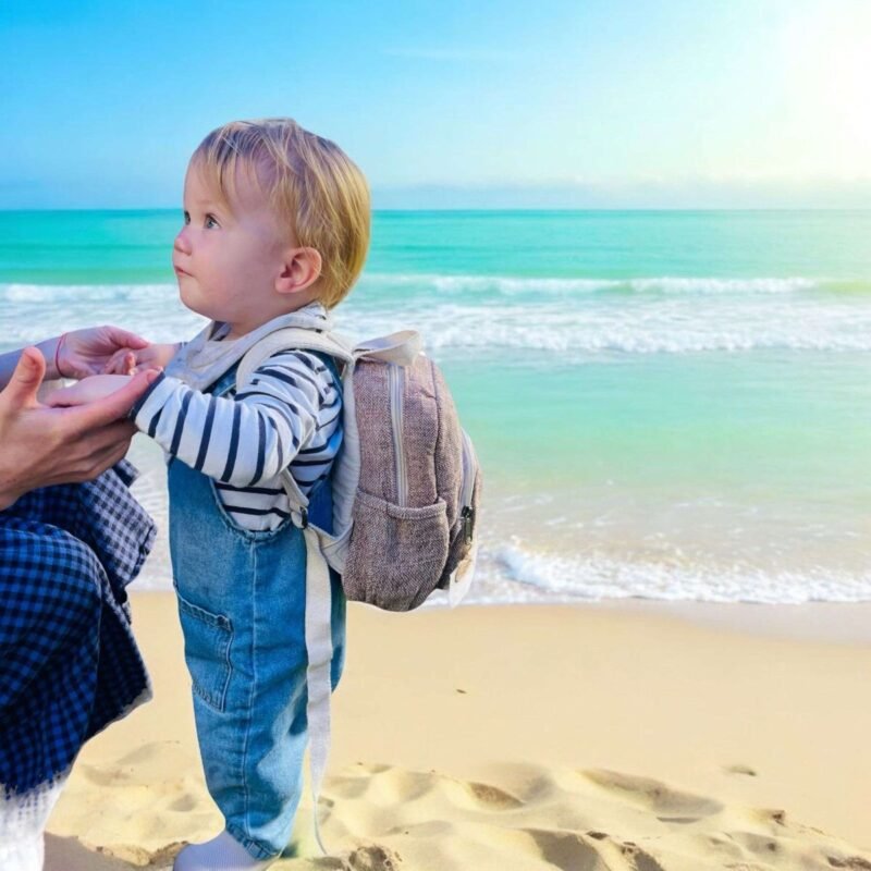 toddler with rose mini hemp backpack