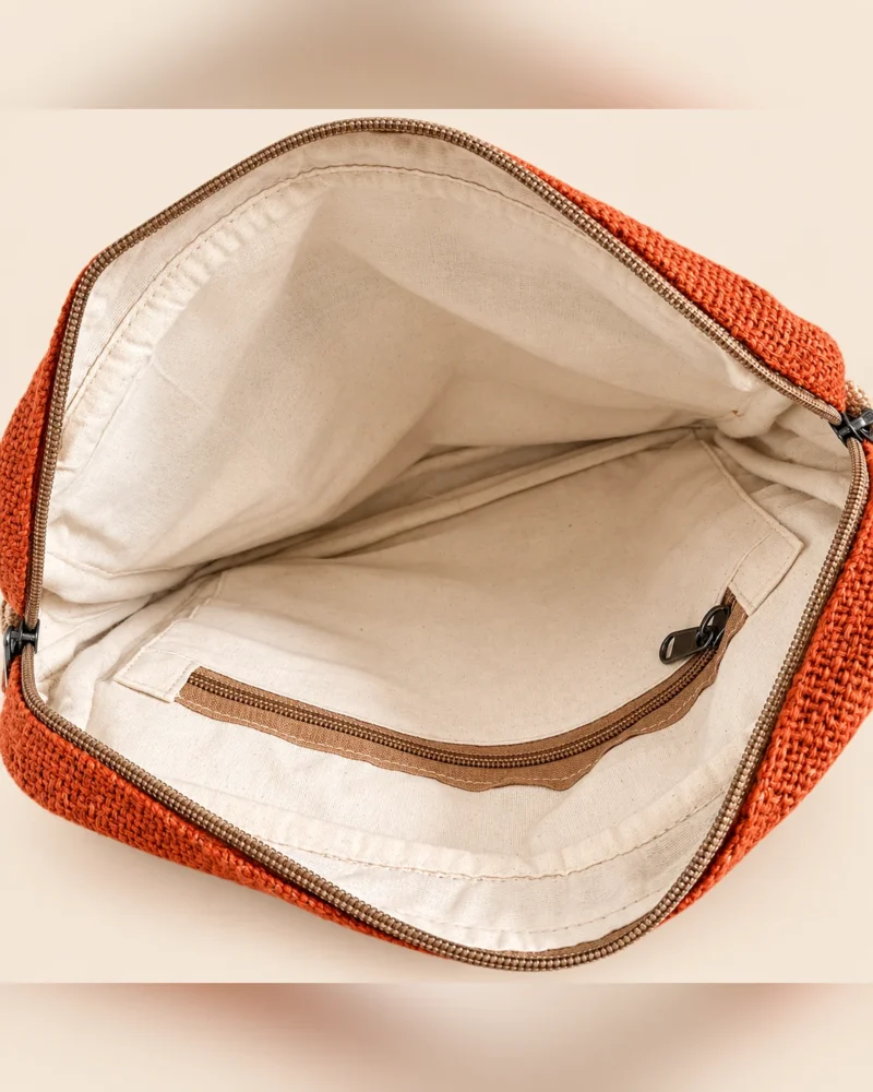 Crimson red Tribal Harmony Hemp Side Bag showing its front zipped pocket, flap closure and adjustable shoulder strap.
