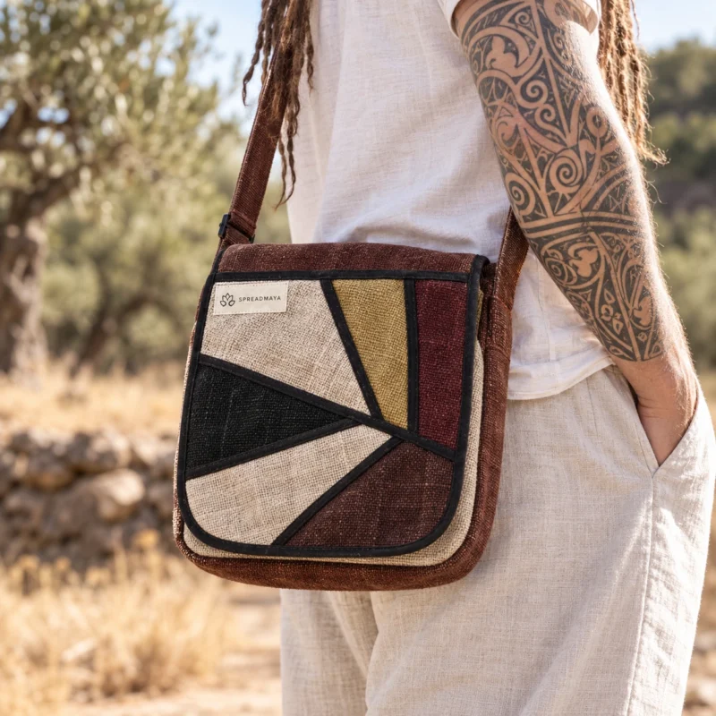 Vibrant hemp side bag showing woven fabric and Spreadmaya label