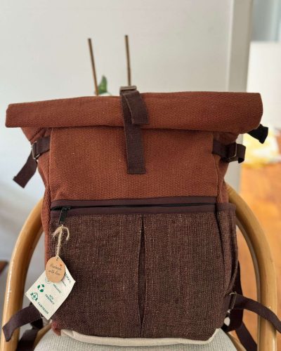 front view of brown roll top hemp backpack