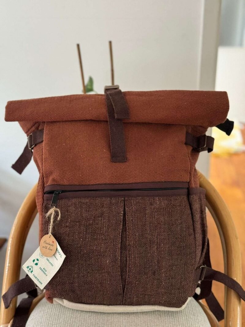 front view of brown roll top hemp backpack