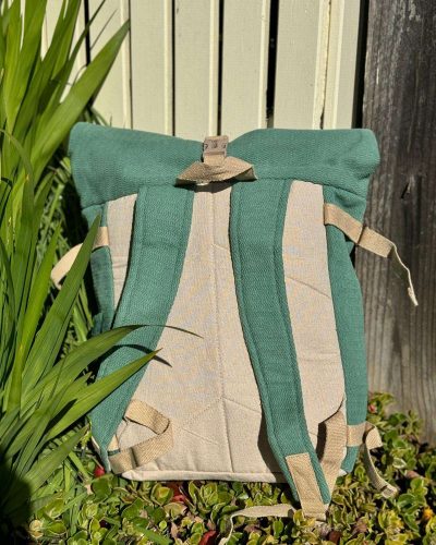 back view of roll top large green hemp backpack