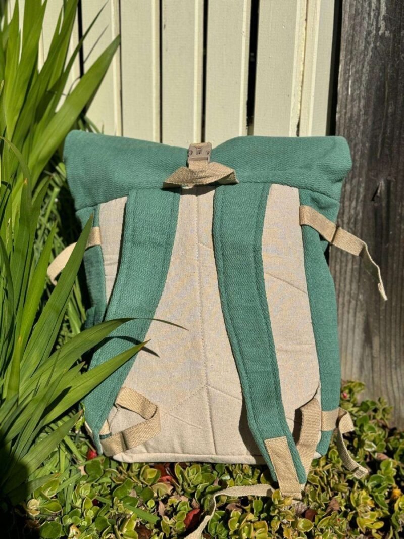 back view of roll top large green hemp backpack