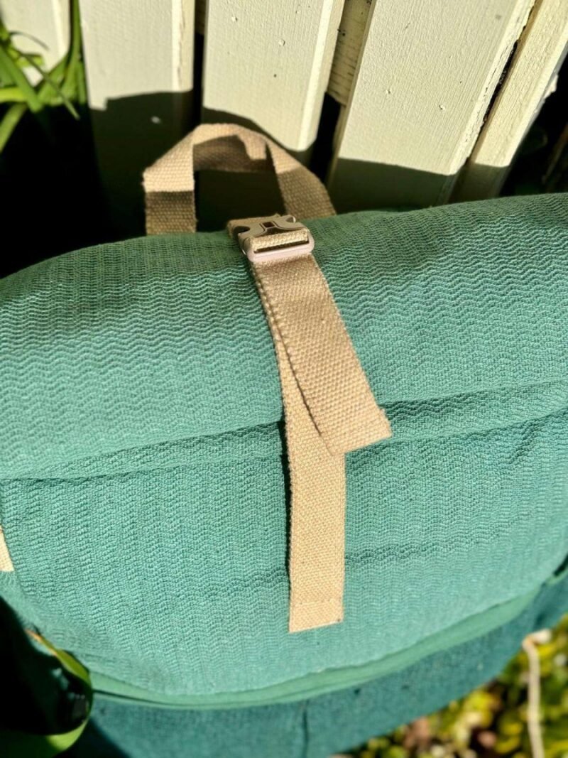 top view of roll top green large hemp backpack