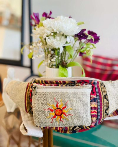 sun printed beige and red mix hemp bum bag