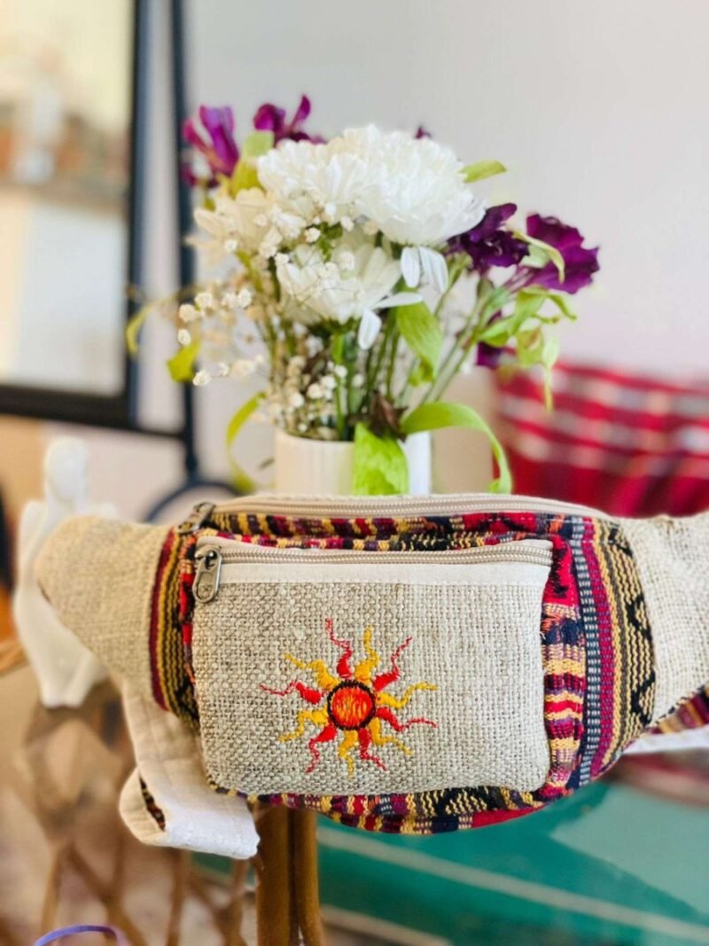 sun printed beige and red mix hemp bum bag