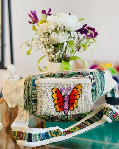 butterfly printed beige and green mix hemp fanny pack