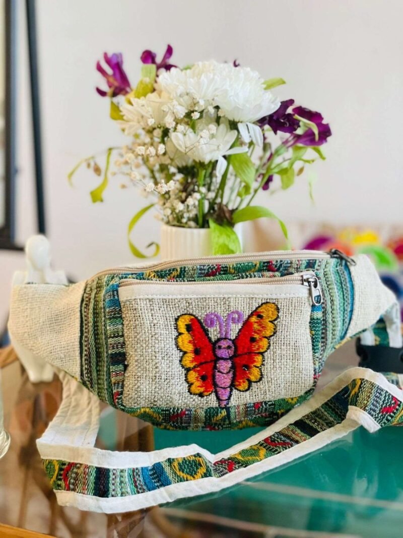 butterfly printed beige and green mix hemp fanny pack