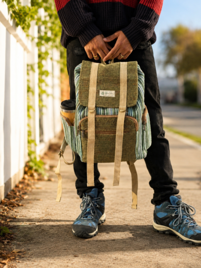 eco hemp urban backpack carried on hand