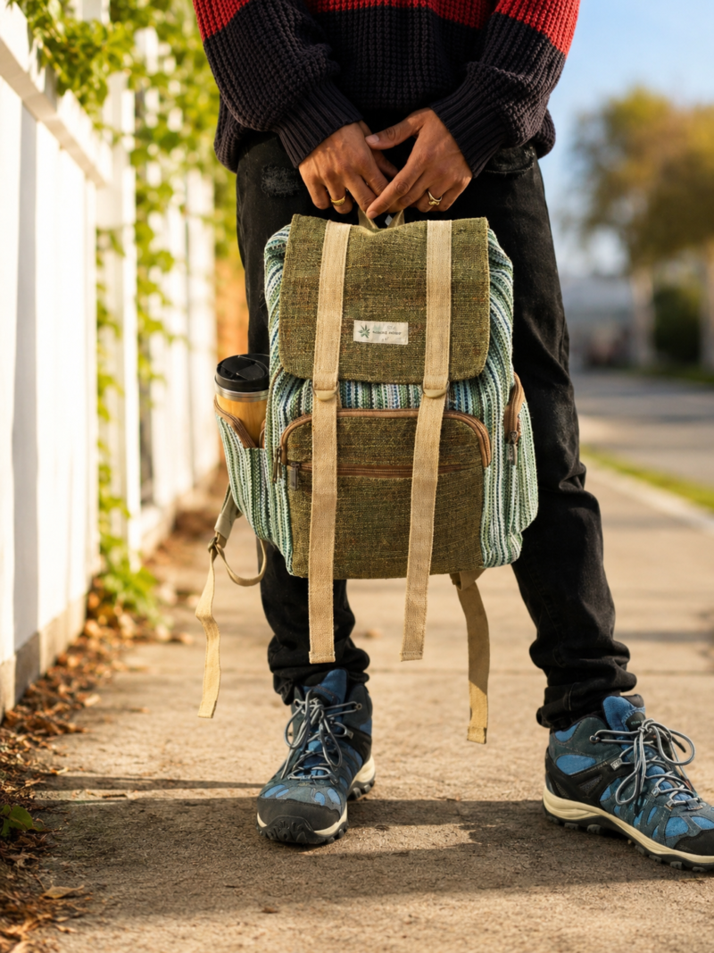 eco hemp urban backpack carried on hand
