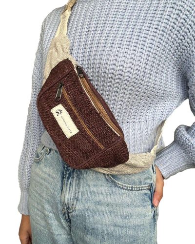 women carrying brown hemp hipster fanny pack as a crossbody