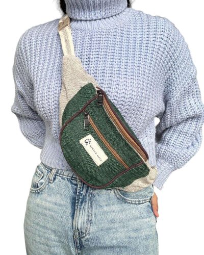 women carrying green hemp bum bag crossbody