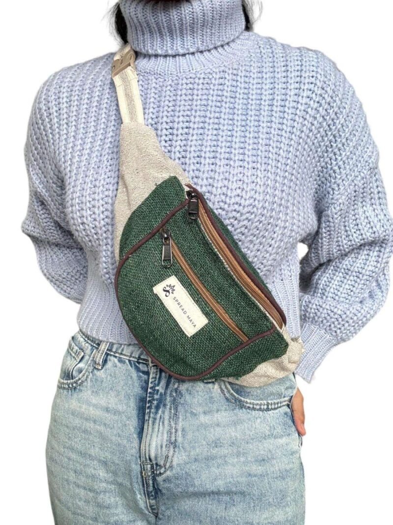 women carrying green hemp bum bag crossbody
