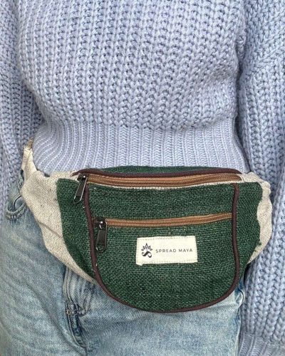 women carrying green beige mix hemp bum bag
