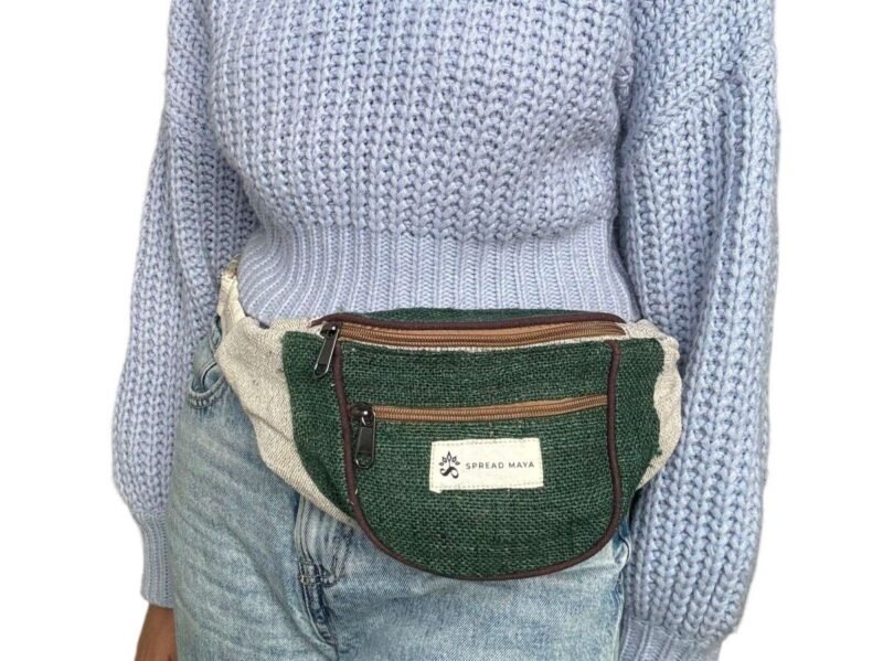 women carrying green beige mix hemp bum bag