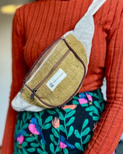 women carrying lime green hemp fanny pack