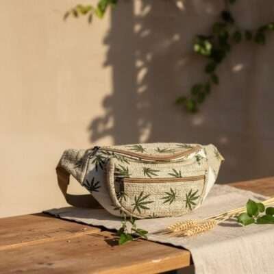 hemp printed hemp bum bag on a table