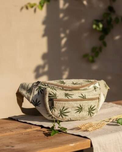 hemp printed hemp bum bag on a table