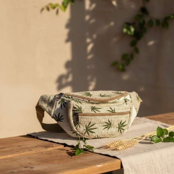 hemp printed hemp bum bag on a table