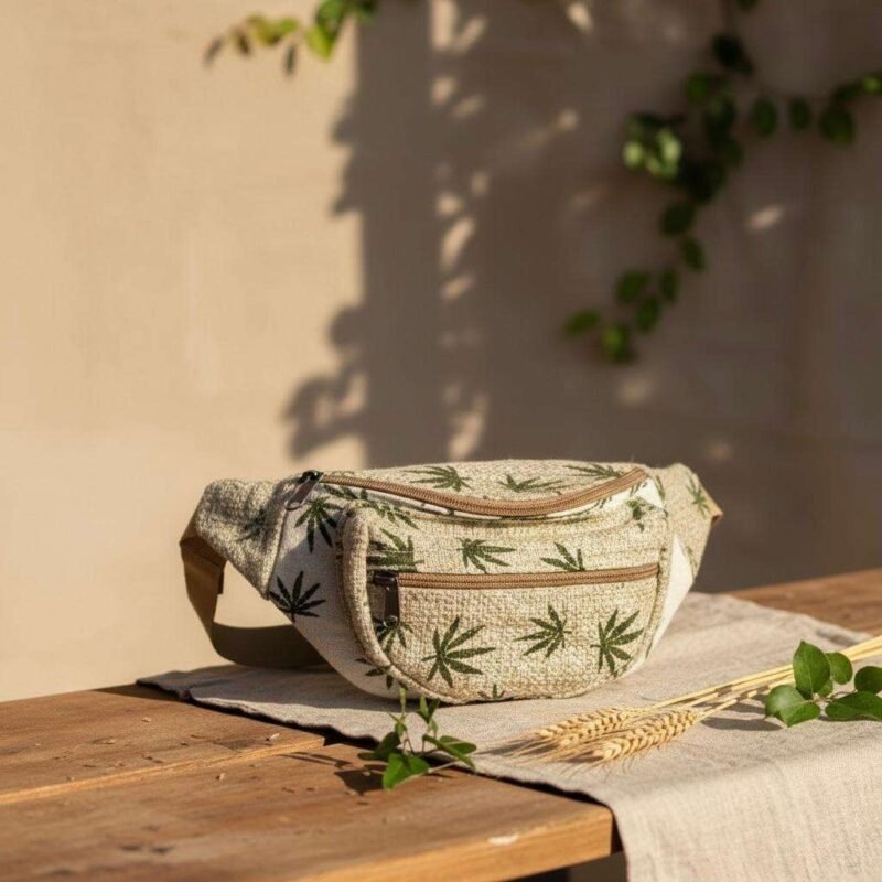 hemp printed hemp bum bag on a table