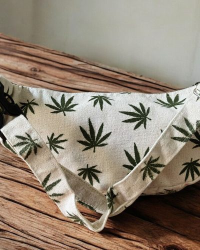 back view of leaf print hemp bum bag