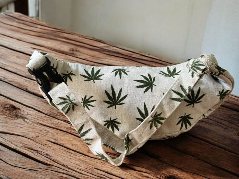 back view of leaf print hemp bum bag