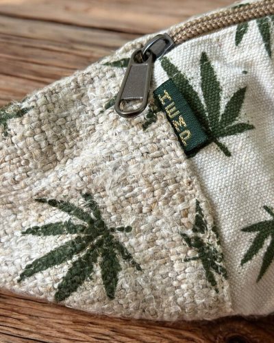 zoomed view of hemp leaf printed bum bag