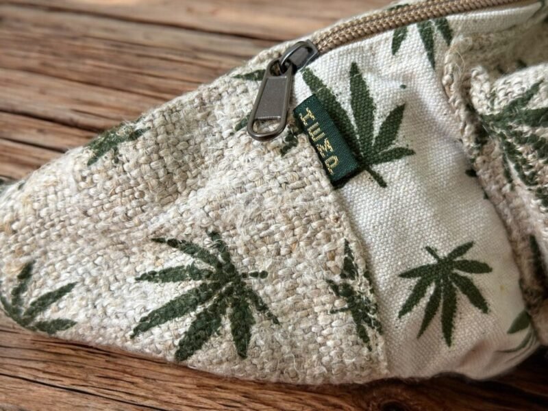 zoomed view of hemp leaf printed bum bag