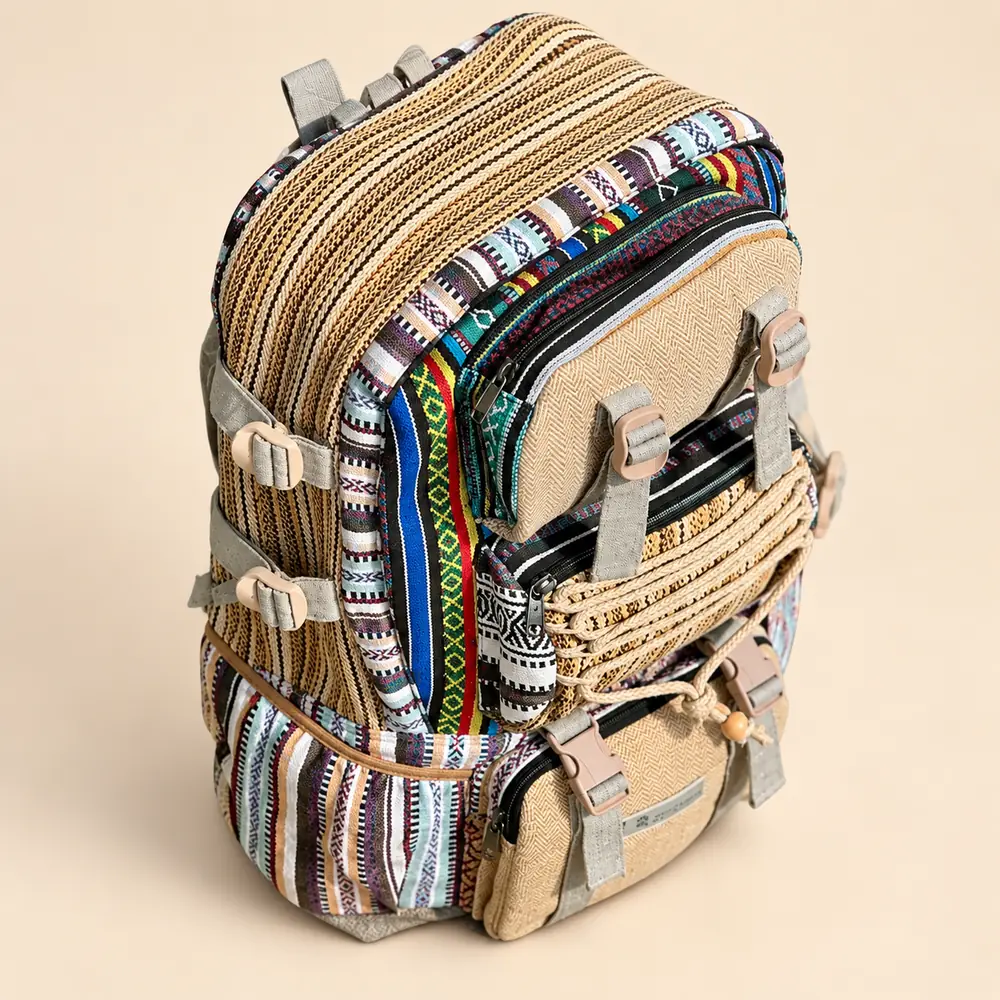 large hemp travel backpack with multiple zip compartments