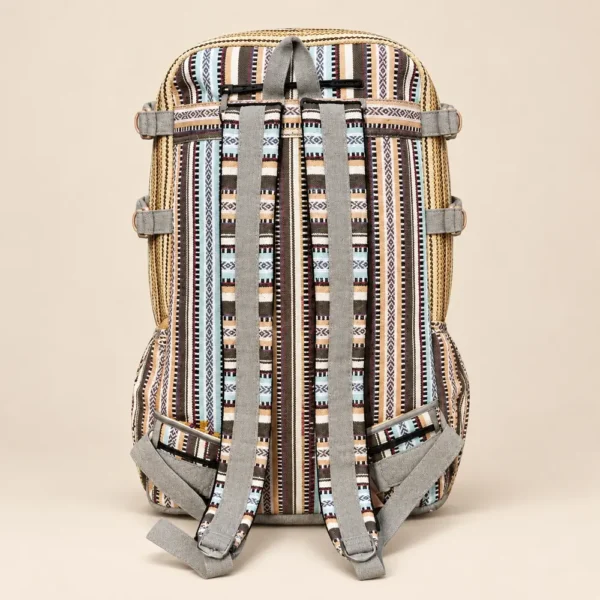 large hemp travel backpack with multiple zip compartments back view