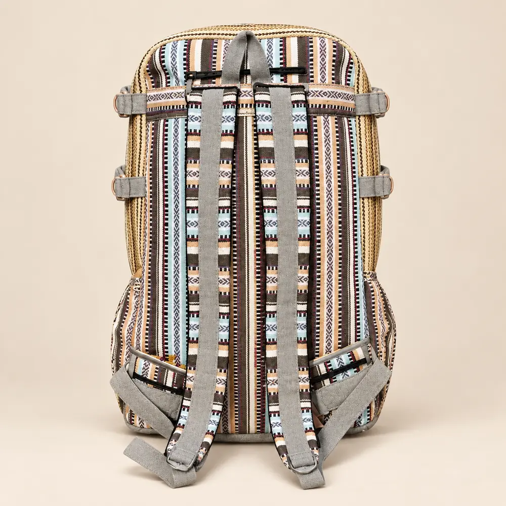 large hemp travel backpack with multiple zip compartments back view