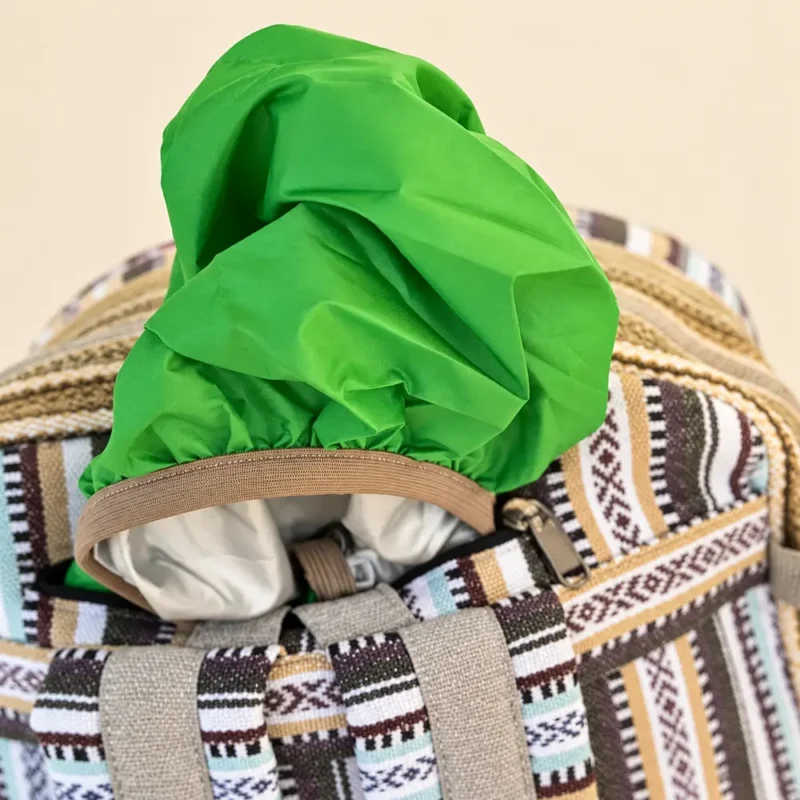 large hemp travel backpack rain cover detail