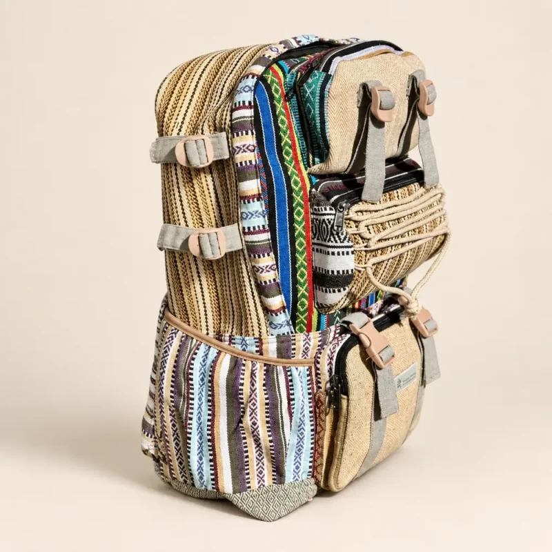large hemp travel backpack with multiple side view