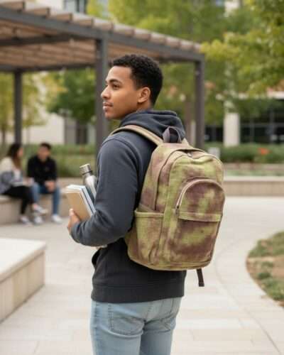 a man carrying Hemp Galaxy Backpack with Eco Dyed Cosmic Print