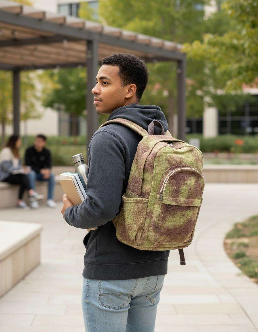 a man carrying Hemp Galaxy Backpack with Eco Dyed Cosmic Print
