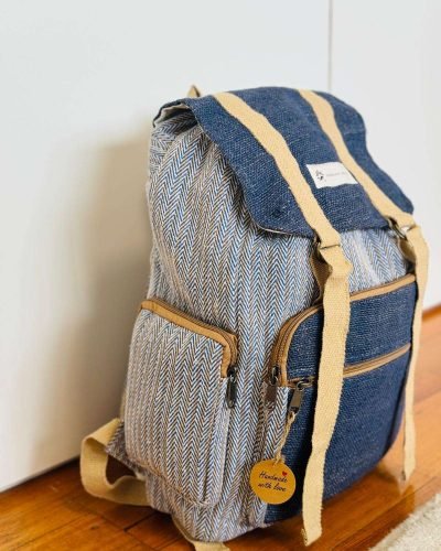 side view of dark blue hemp urban backpack